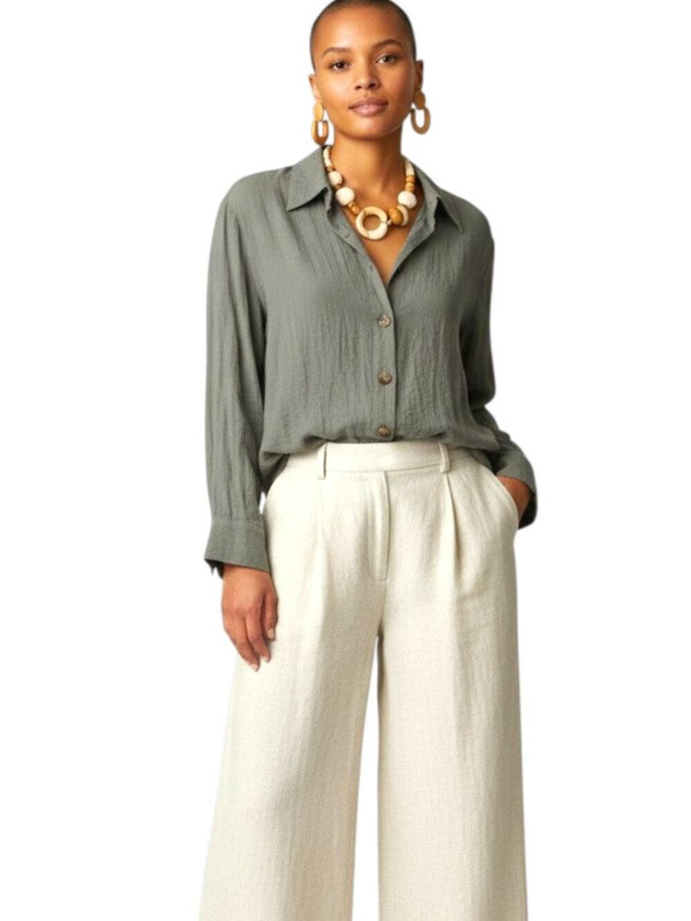 CP Shades Blouse Top Womens Small Green Button Front Rayon Collared Boxy Shirt